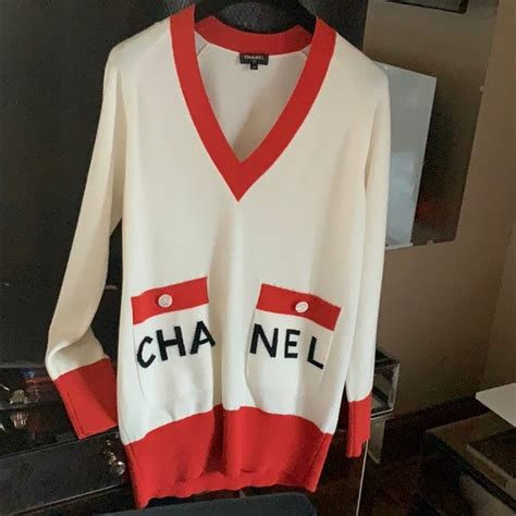 white chanel sweater with red logo|chanel cashmere sweaters.